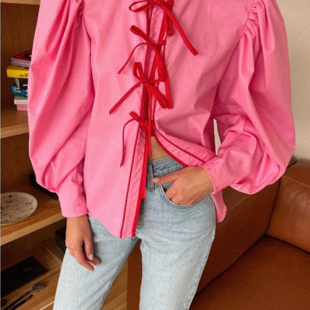 SHEIN Pink Puff Sleeve Blouse with Red Trim & Bow Ties - Picture 6 of 6